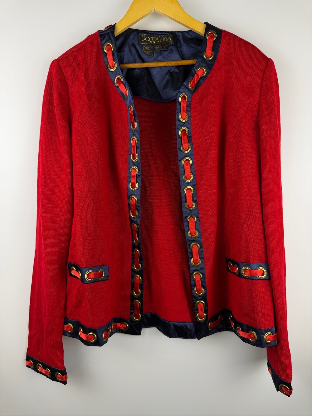 Donna Vinci Knits Red Cardigan Jacket Navy Grommet Trim Vintage Statement Sz 16